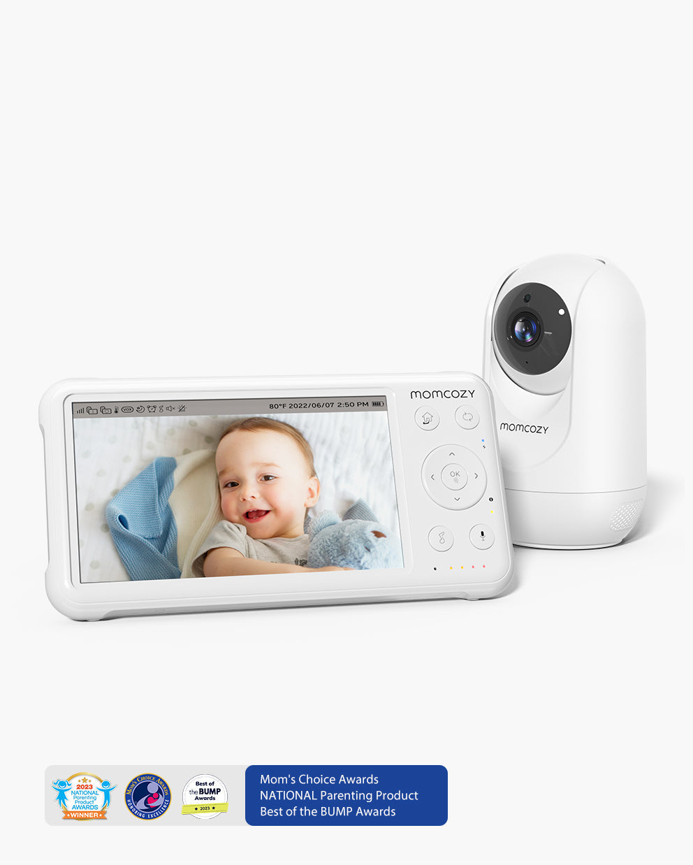 Momcozy 1080P Baby Monitor BM01 showing baby, award-winning recognition. Mom's Choice, Best of BUMP 2023.