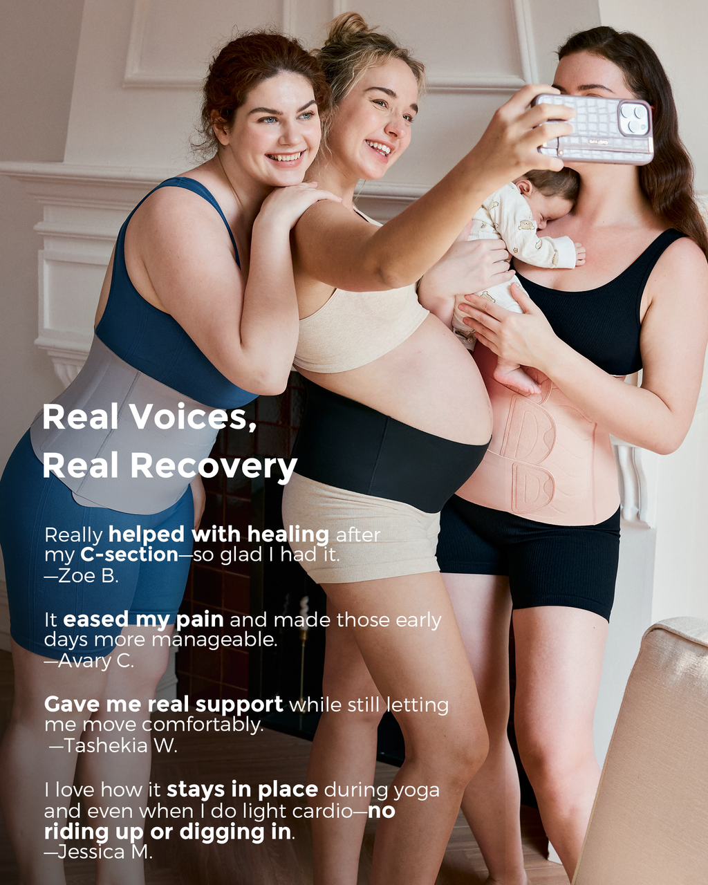 Momcozy Ergowrap postpartum belly bands, featuring real customer testimonials for postpartum support and recovery